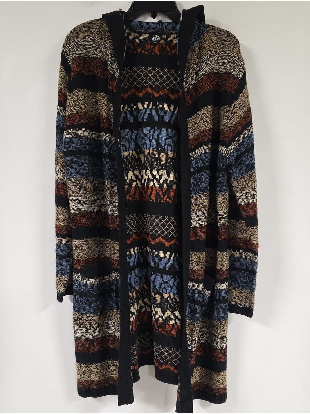 Bobeau Hooded Southwestern Geometric Tribal Long Duster Cardigan Sweater, Sz Lg - Picture 1 of 11
